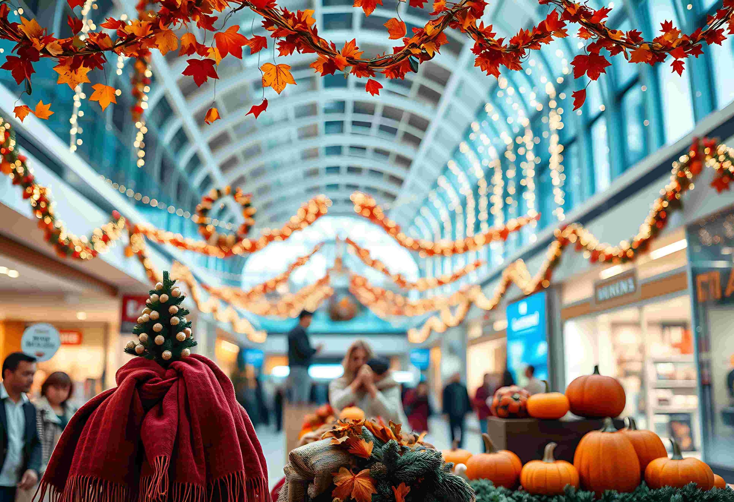 Centro comercial decorado para Halloween con elementos temáticos, iluminación especial y ambientación otoñal.