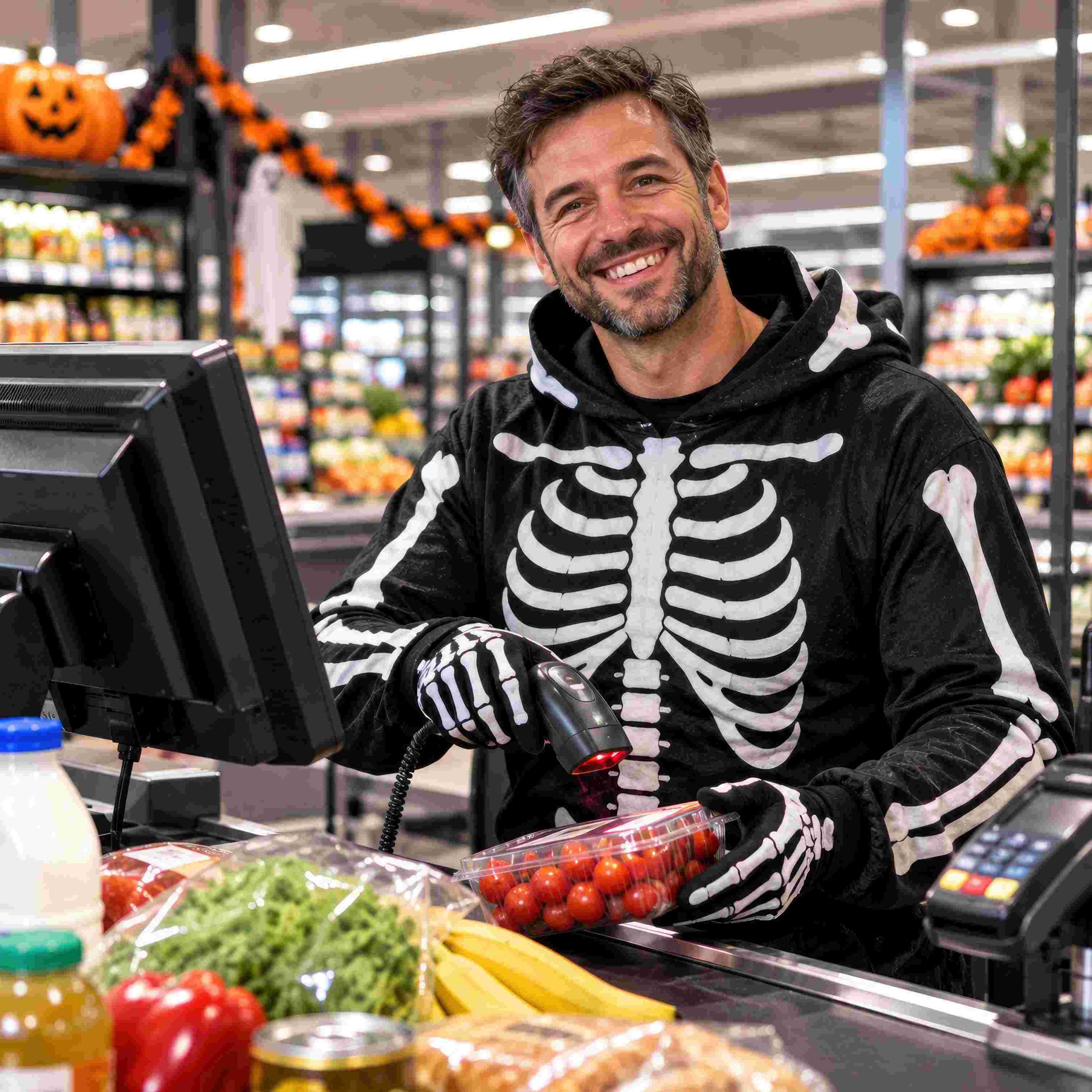Empleado de supermercado disfrazado de esqueleto durante una campaña de Halloween para mejorar la experiencia de los clientes.