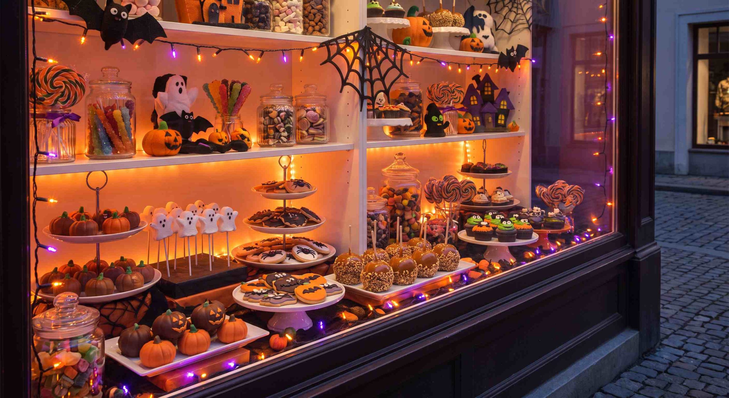 Escaparate de pastelería decorado para Halloween con dulces temáticos y ambientación otoñal.