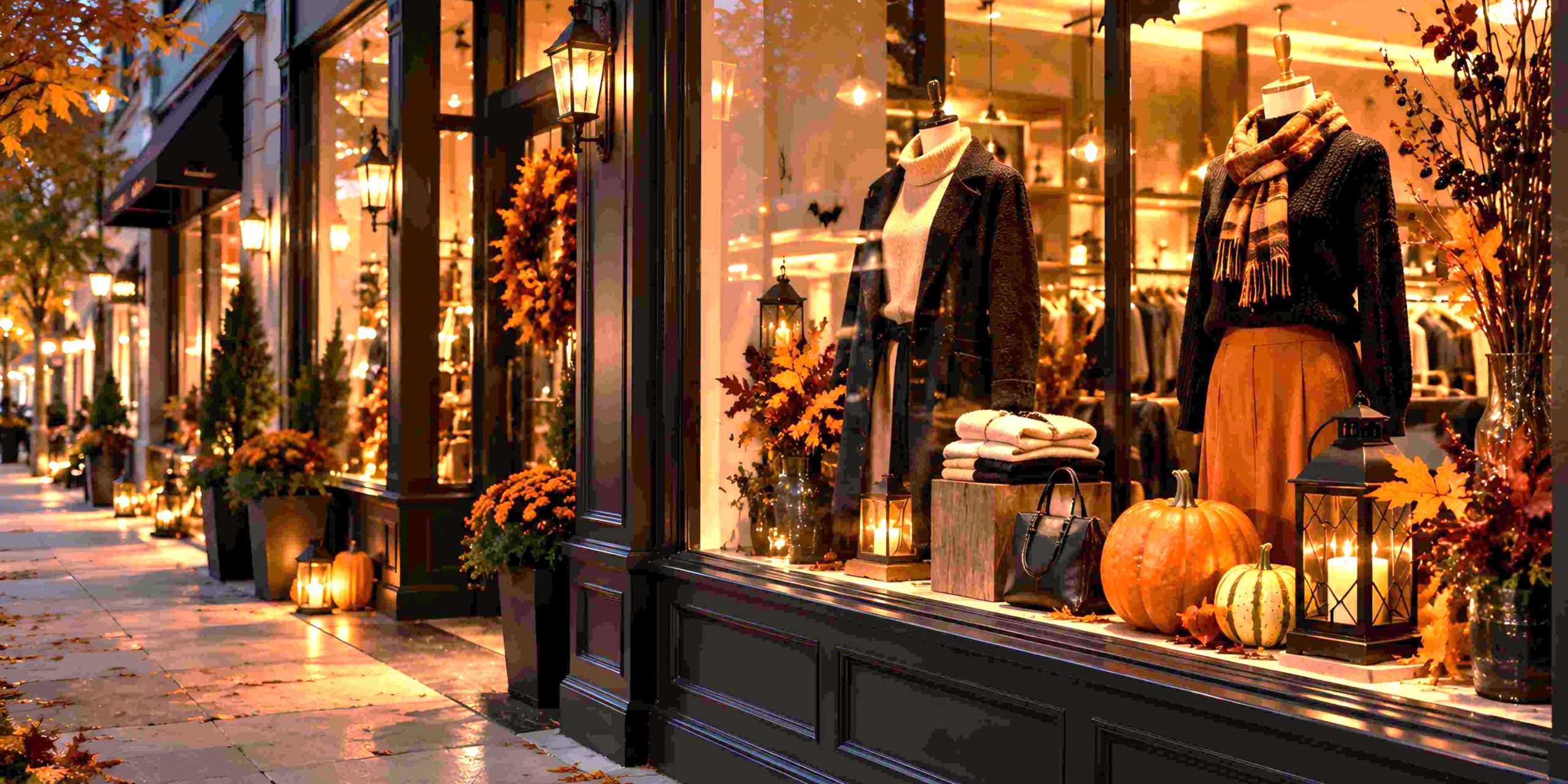 Comercio local decorado para Halloween en España con escaparate temático y ambiente otoñal