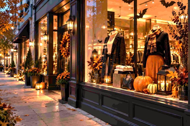 Halloween en España y su impacto en los negocios locales Comercio local decorado para Halloween en España con escaparate temático y ambiente otoñal