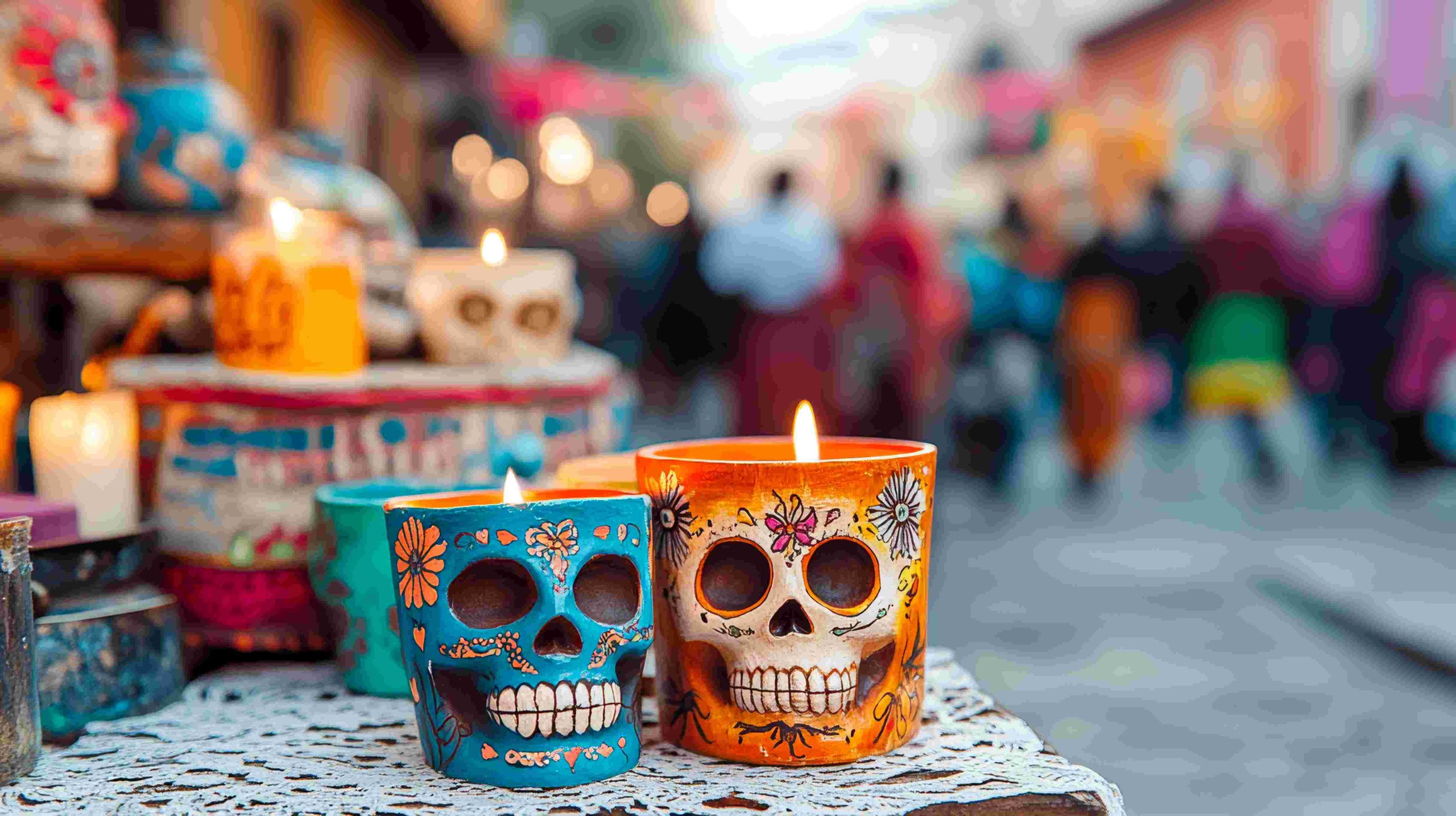 Tazas decoradas con catrinas inspiradas en la tradición mexicana del Día de Muertos.
