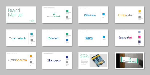 Armonización de marca del Grupo Aire Limpio con los ocho logotipos integrados en una identidad corporativa común