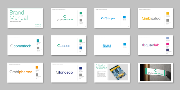 Armonización de marca del Grupo Aire Limpio con los ocho logotipos integrados en una identidad corporativa común
