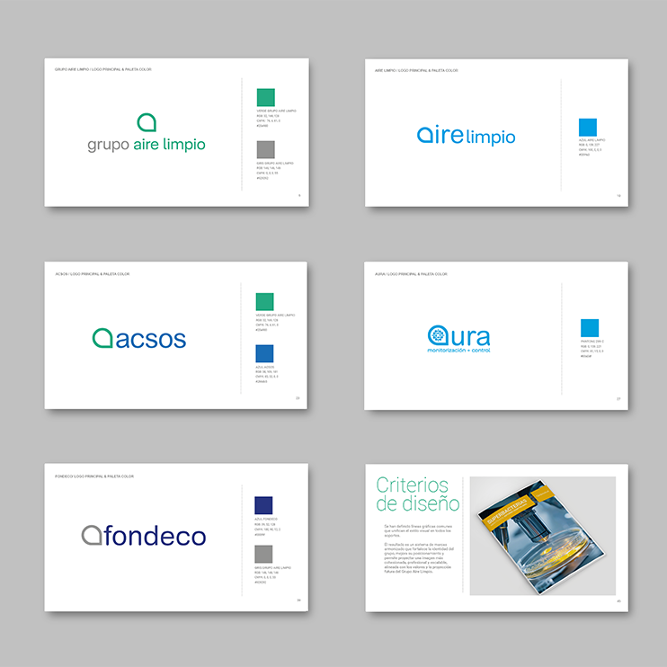 Armonización de marca del Grupo Aire Limpio con los ocho logotipos integrados en una identidad corporativa común